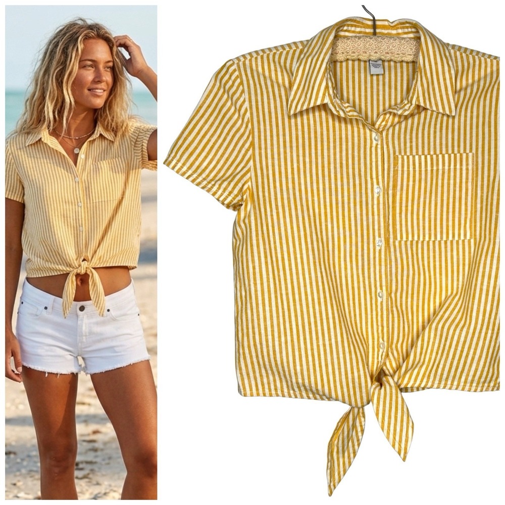 Y2K Arizona Jeans Co XS Linen‎ Blend Yellow Striped Tie Front Short Sleeve Shirt